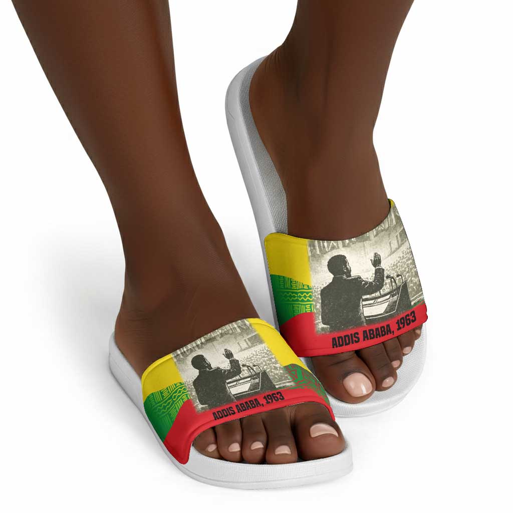 Ethiopia Haile Selassie I Slide Sandals with Addis Ababa 1963 Speech Quote Pan-African Flag Colors and Kente Pattern - African Pride