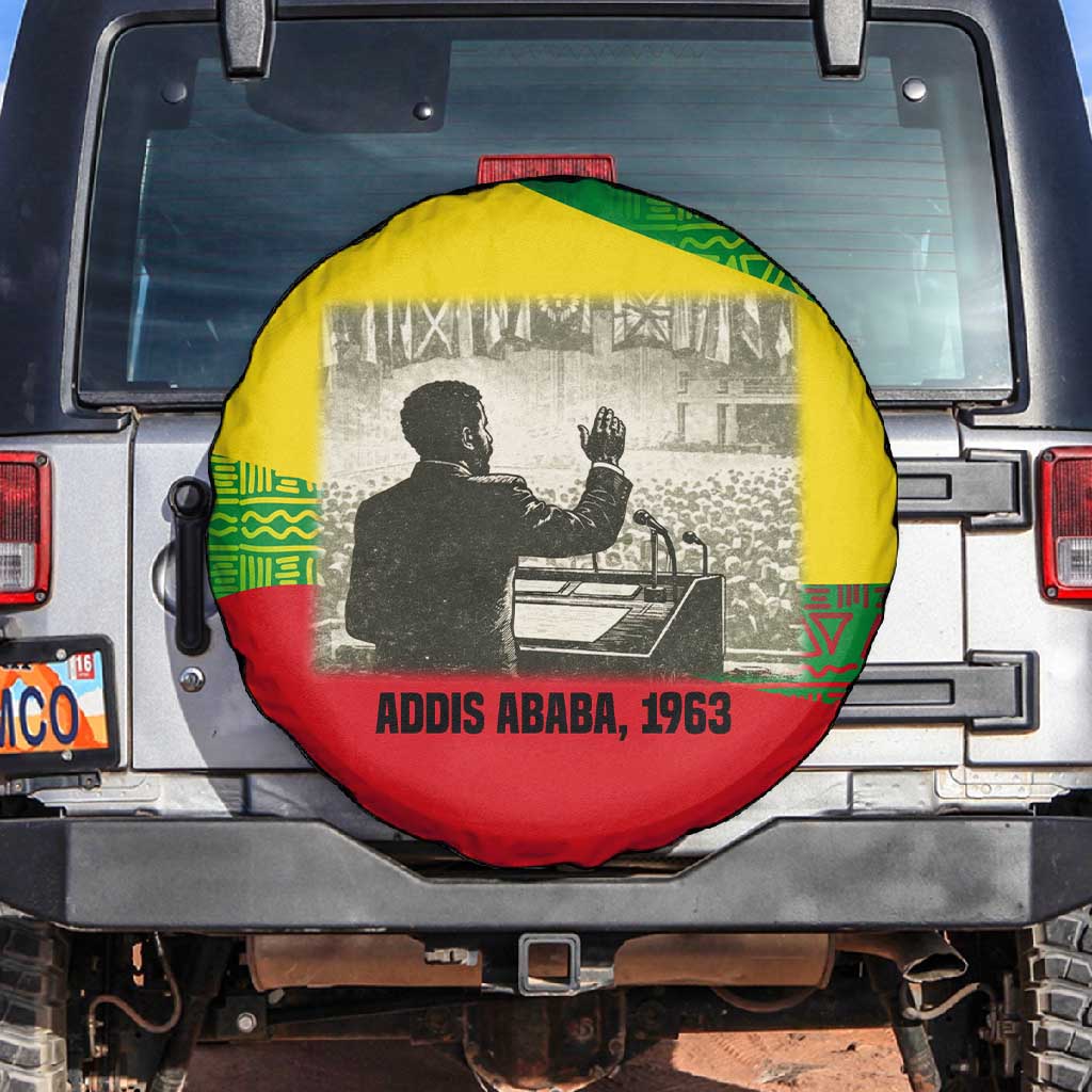 Ethiopia Haile Selassie I Spare Tire Cover with Addis Ababa 1963 Speech Quote Pan-African Flag Colors and Kente Pattern - African Pride