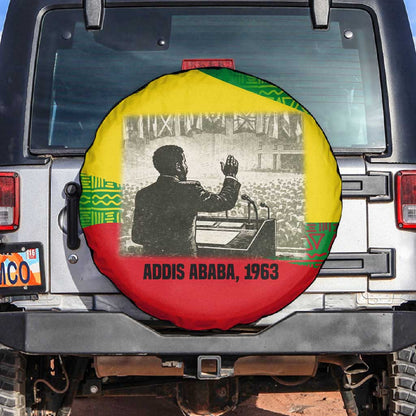 Ethiopia Haile Selassie I Spare Tire Cover with Addis Ababa 1963 Speech Quote Pan-African Flag Colors and Kente Pattern - African Pride