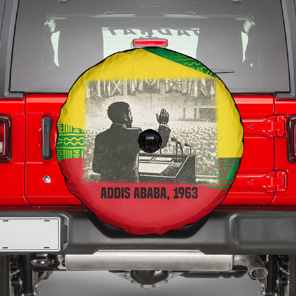 Ethiopia Haile Selassie I Spare Tire Cover with Addis Ababa 1963 Speech Quote Pan-African Flag Colors and Kente Pattern - African Pride