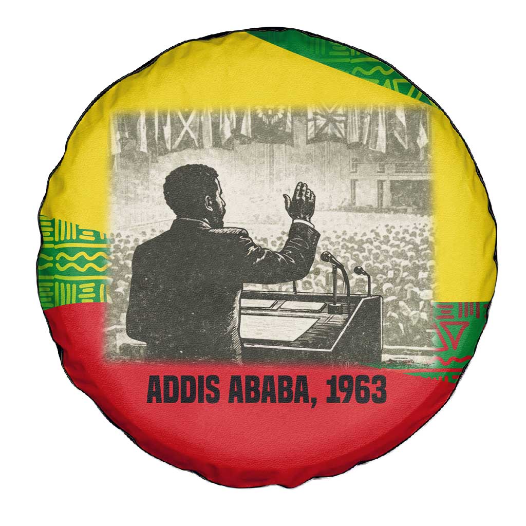 Ethiopia Haile Selassie I Spare Tire Cover with Addis Ababa 1963 Speech Quote Pan-African Flag Colors and Kente Pattern - African Pride