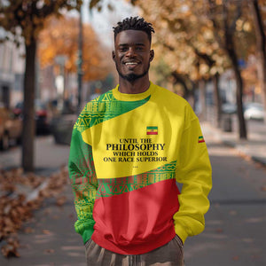 Ethiopia Haile Selassie I Sweatshirt with Addis Ababa 1963 Speech Quote Pan-African Flag Colors and Kente Pattern
