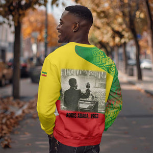 Ethiopia Haile Selassie I Sweatshirt with Addis Ababa 1963 Speech Quote Pan-African Flag Colors and Kente Pattern