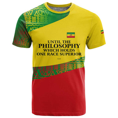Ethiopia Haile Selassie I T shirt with Addis Ababa 1963 Speech Quote Pan-African Flag Colors and Kente Pattern TS04