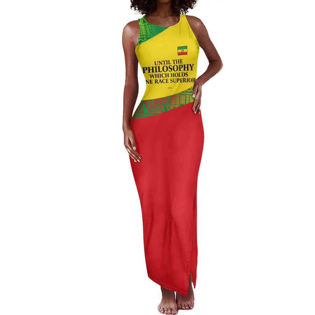 Ethiopia Haile Selassie I Tank Maxi Dress with Addis Ababa 1963 Speech Quote Pan-African Flag Colors and Kente Pattern