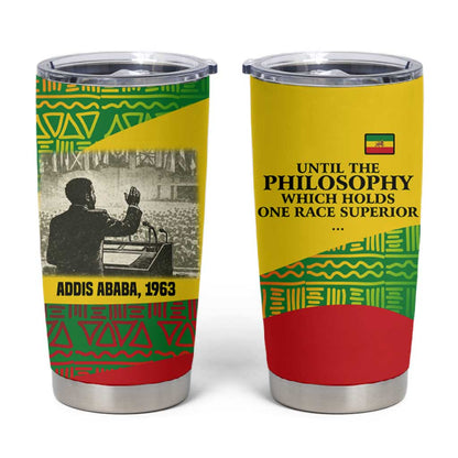 Ethiopia Haile Selassie I Tumbler Cup with Addis Ababa 1963 Speech Quote Pan-African Flag Colors and Kente Pattern - African Pride