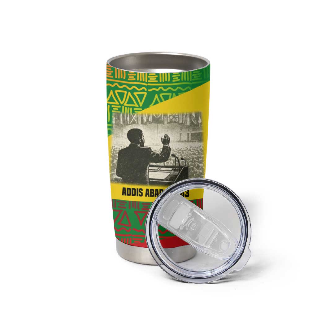 Ethiopia Haile Selassie I Tumbler Cup with Addis Ababa 1963 Speech Quote Pan-African Flag Colors and Kente Pattern - African Pride