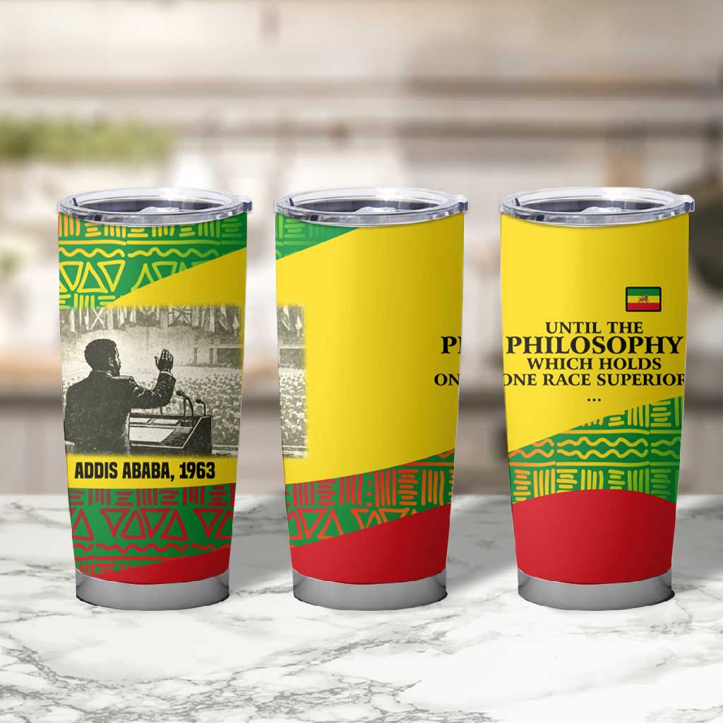 Ethiopia Haile Selassie I Tumbler Cup with Addis Ababa 1963 Speech Quote Pan-African Flag Colors and Kente Pattern - African Pride