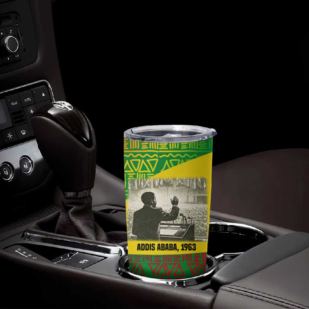Ethiopia Haile Selassie I Tumbler Cup with Addis Ababa 1963 Speech Quote Pan-African Flag Colors and Kente Pattern - African Pride