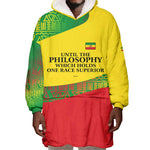 Ethiopia Haile Selassie I Wearable Blanket Hoodie with Addis Ababa 1963 Speech Quote Pan-African Flag Colors and Kente Pattern