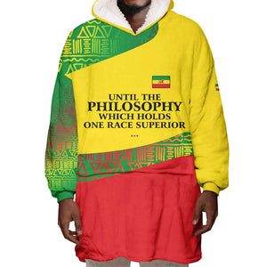 Ethiopia Haile Selassie I Wearable Blanket Hoodie with Addis Ababa 1963 Speech Quote Pan-African Flag Colors and Kente Pattern