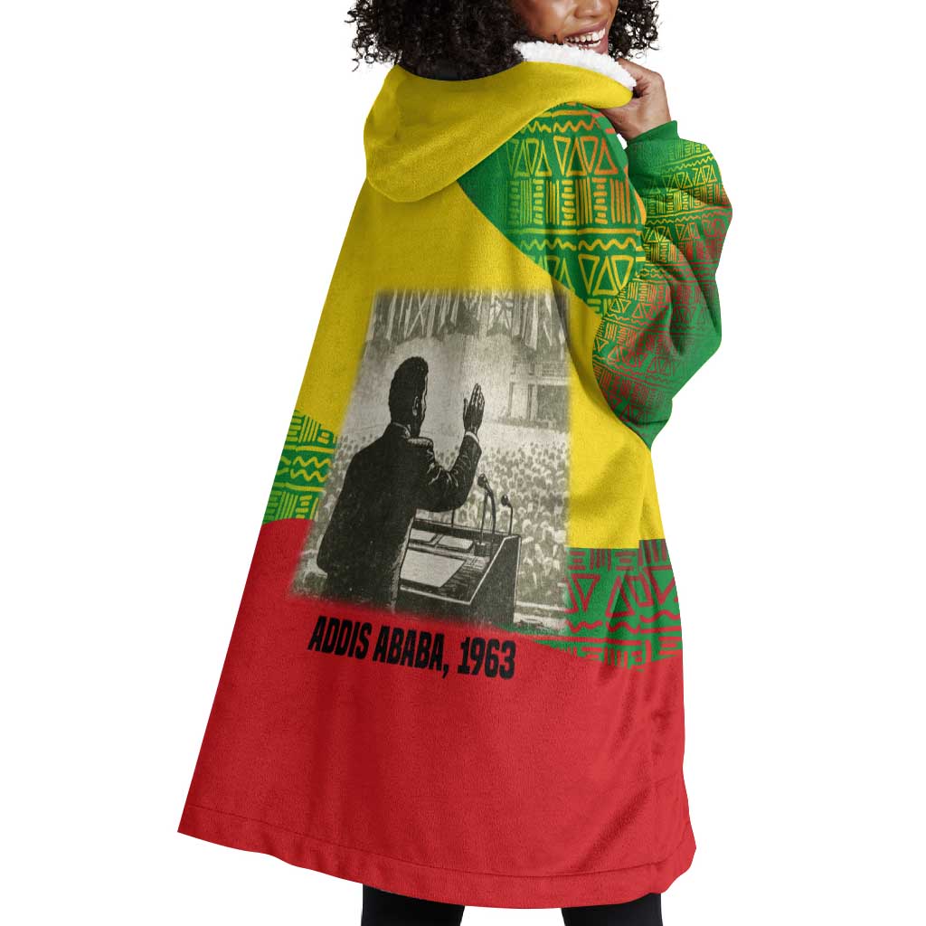 Ethiopia Haile Selassie I Wearable Blanket Hoodie with Addis Ababa 1963 Speech Quote Pan-African Flag Colors and Kente Pattern