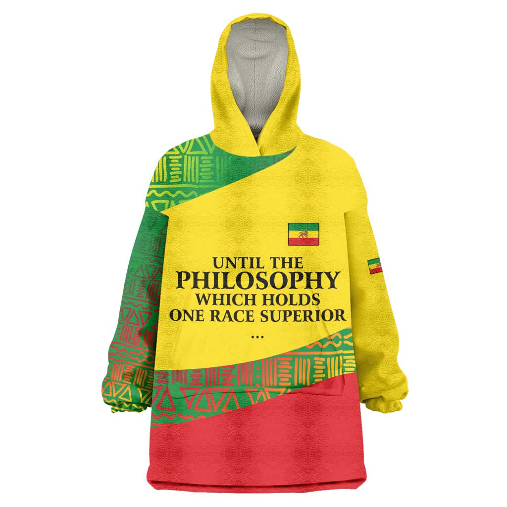 Ethiopia Haile Selassie I Wearable Blanket Hoodie with Addis Ababa 1963 Speech Quote Pan-African Flag Colors and Kente Pattern