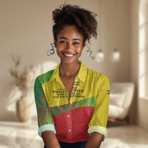 Ethiopia Haile Selassie I Women Casual Shirt with Addis Ababa 1963 Speech Quote Pan-African Flag Colors and Kente Pattern