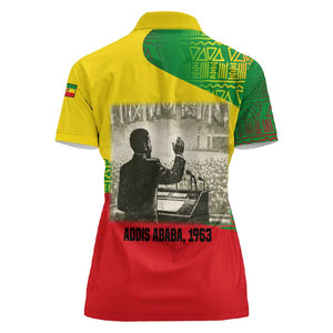 Ethiopia Haile Selassie I Women Polo Shirt with Addis Ababa 1963 Speech Quote Pan-African Flag Colors and Kente Pattern