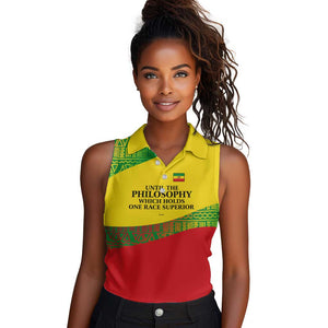Ethiopia Haile Selassie I Women Sleeveless Polo Shirt with Addis Ababa 1963 Speech Quote Pan-African Flag Colors and Kente Pattern