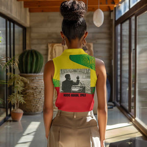 Ethiopia Haile Selassie I Women Sleeveless Polo Shirt with Addis Ababa 1963 Speech Quote Pan-African Flag Colors and Kente Pattern