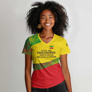 Ethiopia Haile Selassie I Women V-Neck T-Shirt with Addis Ababa 1963 Speech Quote Pan-African Flag Colors and Kente Pattern