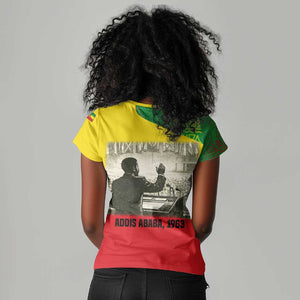 Ethiopia Haile Selassie I Women V-Neck T-Shirt with Addis Ababa 1963 Speech Quote Pan-African Flag Colors and Kente Pattern