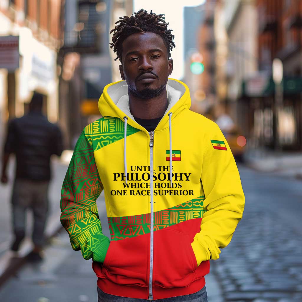 Ethiopia Haile Selassie I Zip Hoodie with Addis Ababa 1963 Speech Quote Pan-African Flag Colors and Kente Pattern