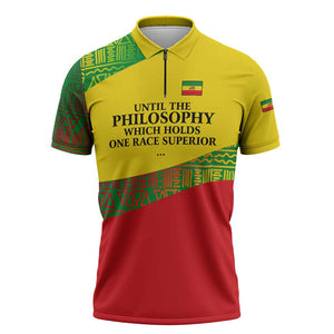 Ethiopia Haile Selassie I Zipper Polo Shirt with Addis Ababa 1963 Speech Quote Pan-African Flag Colors and Kente Pattern