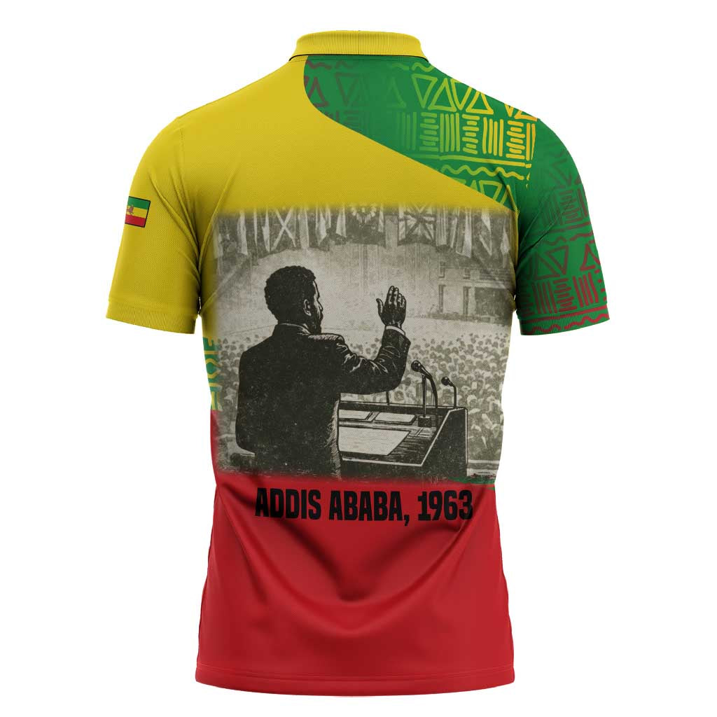Ethiopia Haile Selassie I Zipper Polo Shirt with Addis Ababa 1963 Speech Quote Pan-African Flag Colors and Kente Pattern