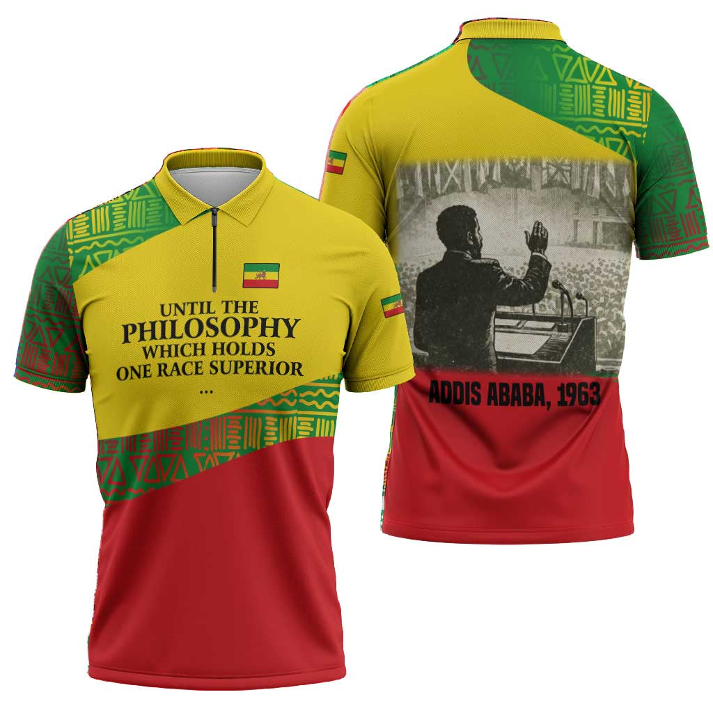 Ethiopia Haile Selassie I Zipper Polo Shirt with Addis Ababa 1963 Speech Quote Pan-African Flag Colors and Kente Pattern