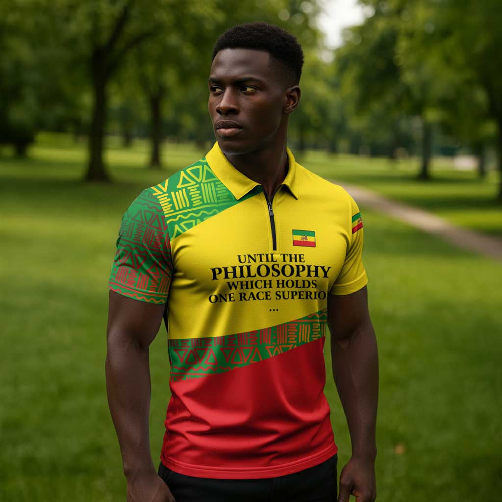 Ethiopia Haile Selassie I Zipper Polo Shirt with Addis Ababa 1963 Speech Quote Pan-African Flag Colors and Kente Pattern