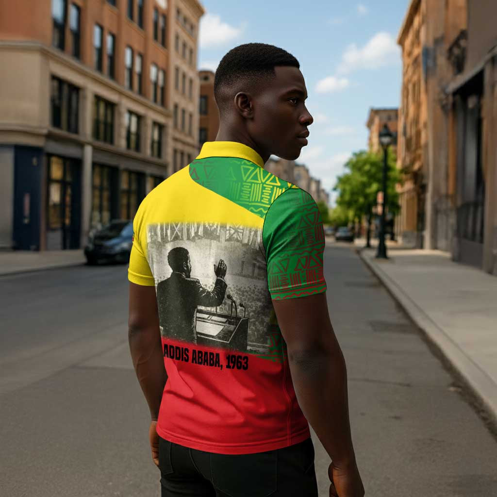 Ethiopia Haile Selassie I Zipper Polo Shirt with Addis Ababa 1963 Speech Quote Pan-African Flag Colors and Kente Pattern