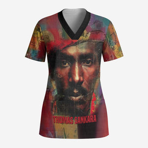 Thomas Sankara Burkina Faso Scrub Top with Bold Portrait and The Upright Man Tribute Design - African Pride