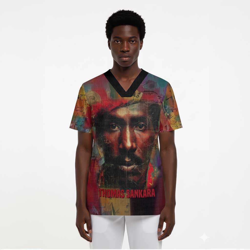 Thomas Sankara Burkina Faso Scrub Top with Bold Portrait and The Upright Man Tribute Design - African Pride