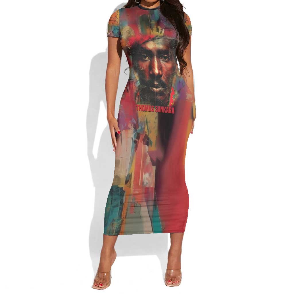 Thomas Sankara Burkina Faso Short Sleeve Bodycon Dress with Bold Portrait and The Upright Man Tribute Design - African Pride