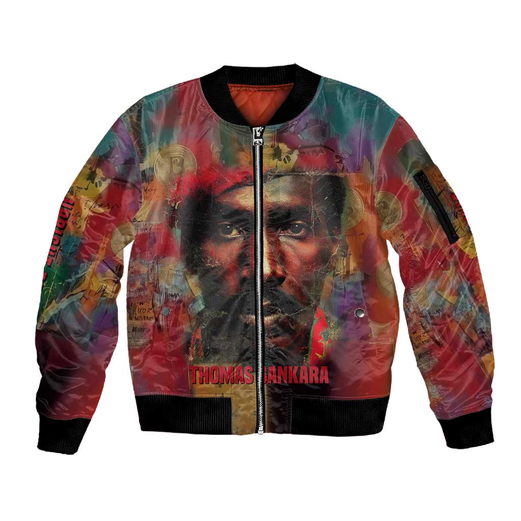 Thomas Sankara Burkina Faso Sleeve Zip Bomber Jacket with Bold Portrait and The Upright Man Tribute Design - African Pride