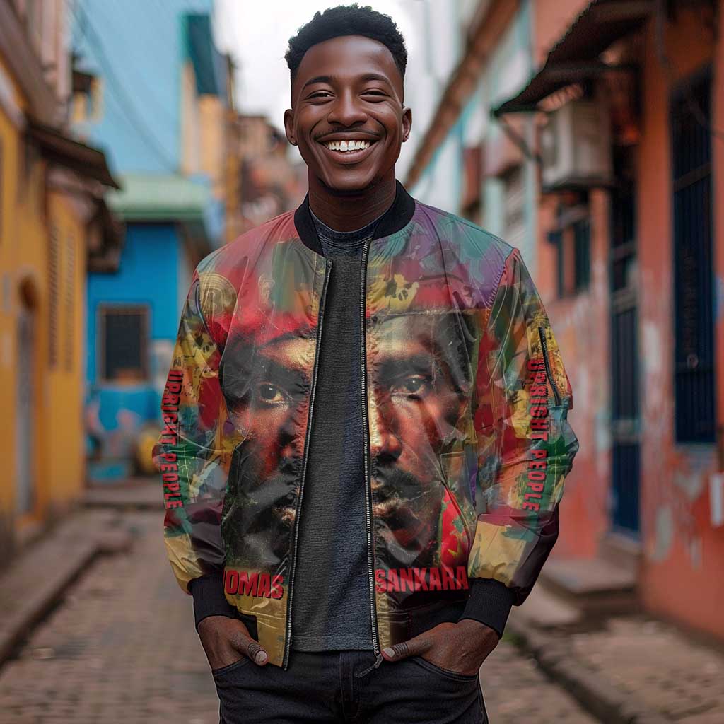 Thomas Sankara Burkina Faso Sleeve Zip Bomber Jacket with Bold Portrait and The Upright Man Tribute Design - African Pride