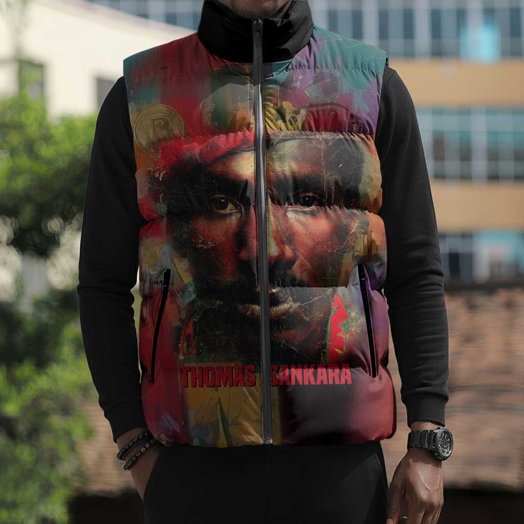 Thomas Sankara Burkina Faso Sleeveless Puffer Jacket with Bold Portrait and The Upright Man Tribute Design - African Pride