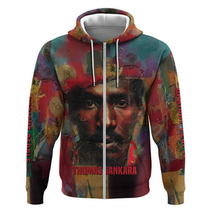 Thomas Sankara Burkina Faso Zip Hoodie with Bold Portrait and The Upright Man Tribute Design - African Pride