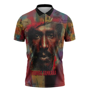 Thomas Sankara Burkina Faso Zipper Polo Shirt with Bold Portrait and The Upright Man Tribute Design - African Pride