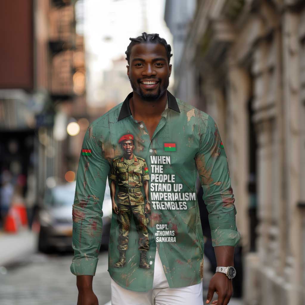 Burkina Faso Thomas Sankara Long Sleeve Button Shirt with Military Stance and Anti-Imperialist Quote Tribute Design - African Pride