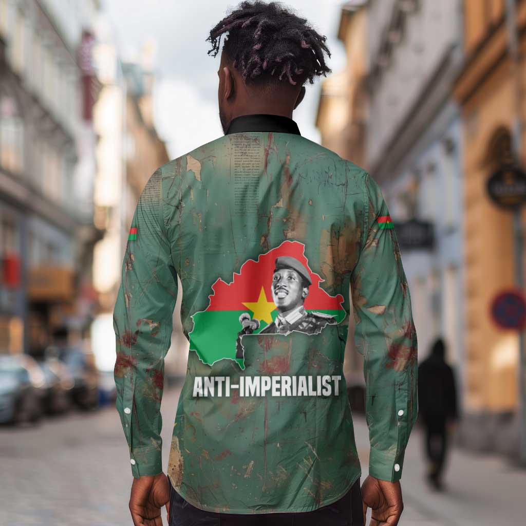 Burkina Faso Thomas Sankara Long Sleeve Button Shirt with Military Stance and Anti-Imperialist Quote Tribute Design - African Pride