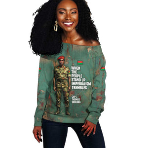 Burkina Faso Thomas Sankara Off Shoulder Sweater with Military Stance and Anti-Imperialist Quote Tribute Design - African Pride