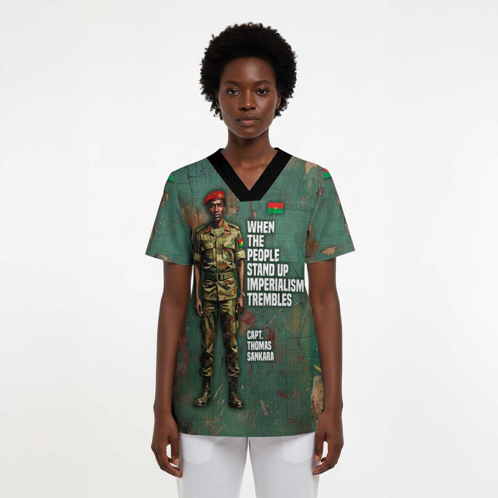Burkina Faso Thomas Sankara Scrub Top with Military Stance and Anti-Imperialist Quote Tribute Design - African Pride