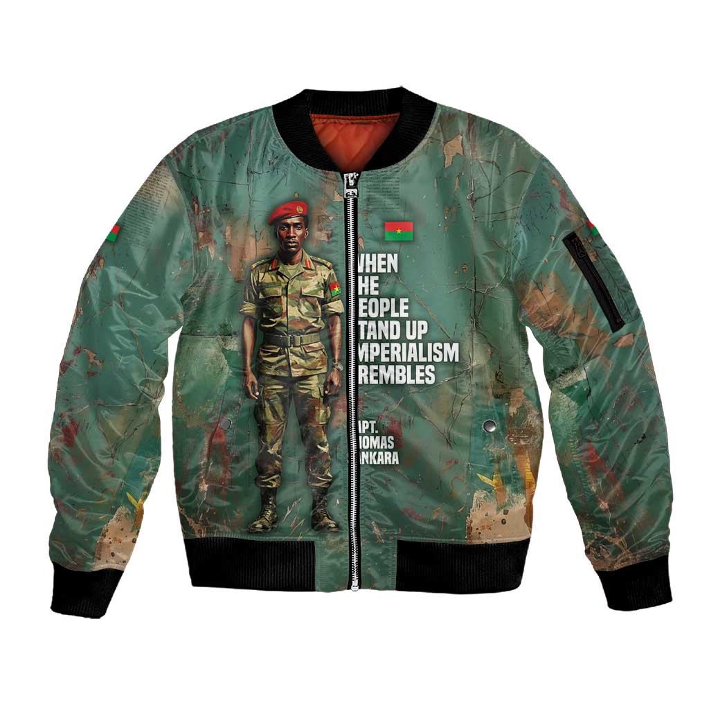 Burkina Faso Thomas Sankara Sleeve Zip Bomber Jacket with Military Stance and Anti-Imperialist Quote Tribute Design - African Pride
