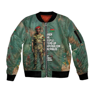 Burkina Faso Thomas Sankara Sleeve Zip Bomber Jacket with Military Stance and Anti-Imperialist Quote Tribute Design - African Pride