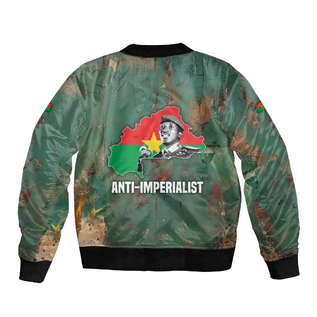 Burkina Faso Thomas Sankara Sleeve Zip Bomber Jacket with Military Stance and Anti-Imperialist Quote Tribute Design - African Pride