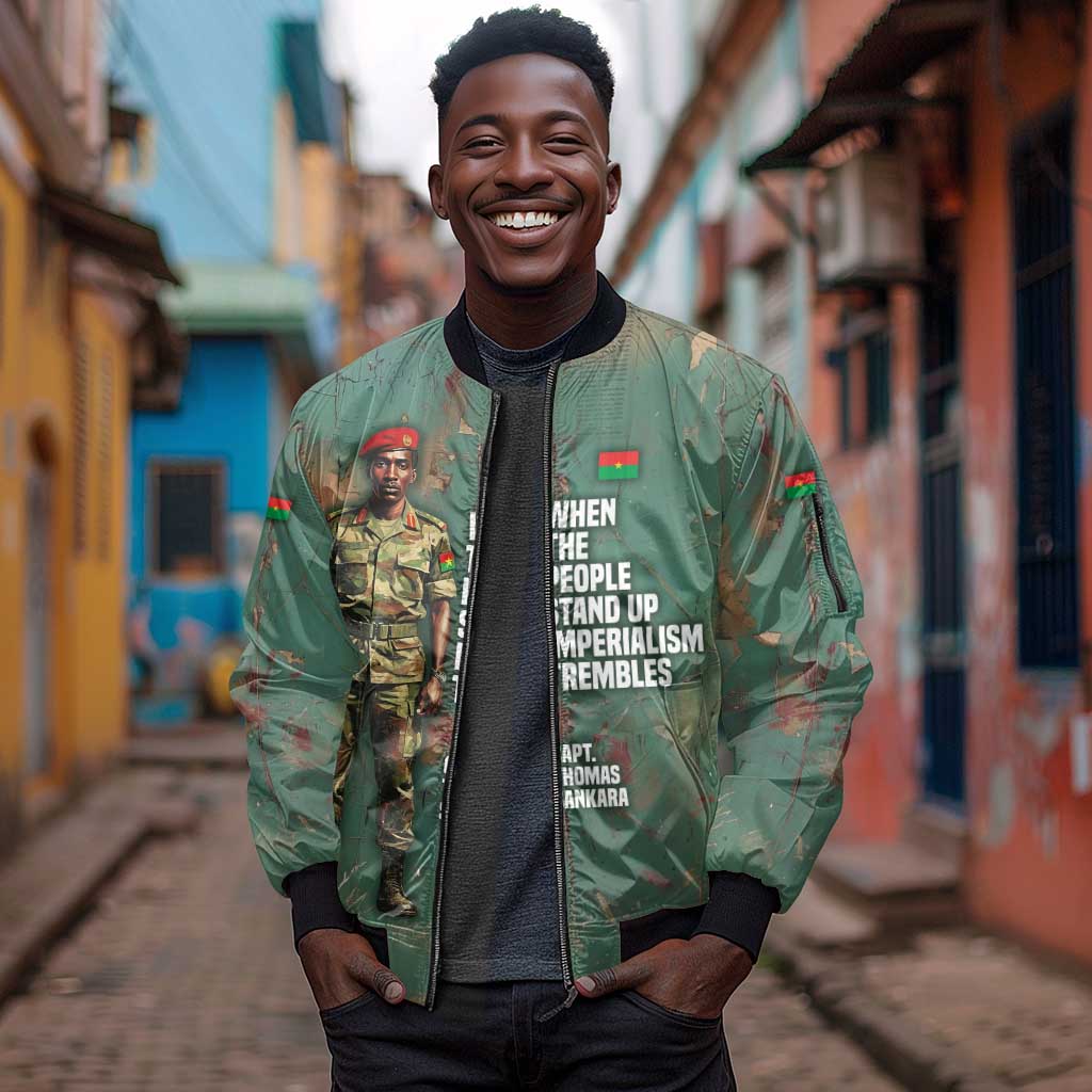 Burkina Faso Thomas Sankara Sleeve Zip Bomber Jacket with Military Stance and Anti-Imperialist Quote Tribute Design - African Pride