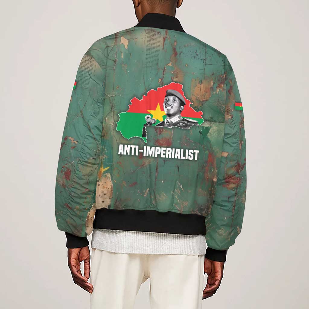 Burkina Faso Thomas Sankara Sleeve Zip Bomber Jacket with Military Stance and Anti-Imperialist Quote Tribute Design - African Pride