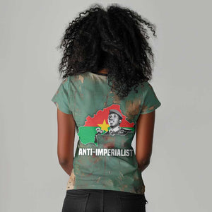 Burkina Faso Thomas Sankara Women V-Neck T-Shirt with Military Stance and Anti-Imperialist Quote Tribute Design - African Pride