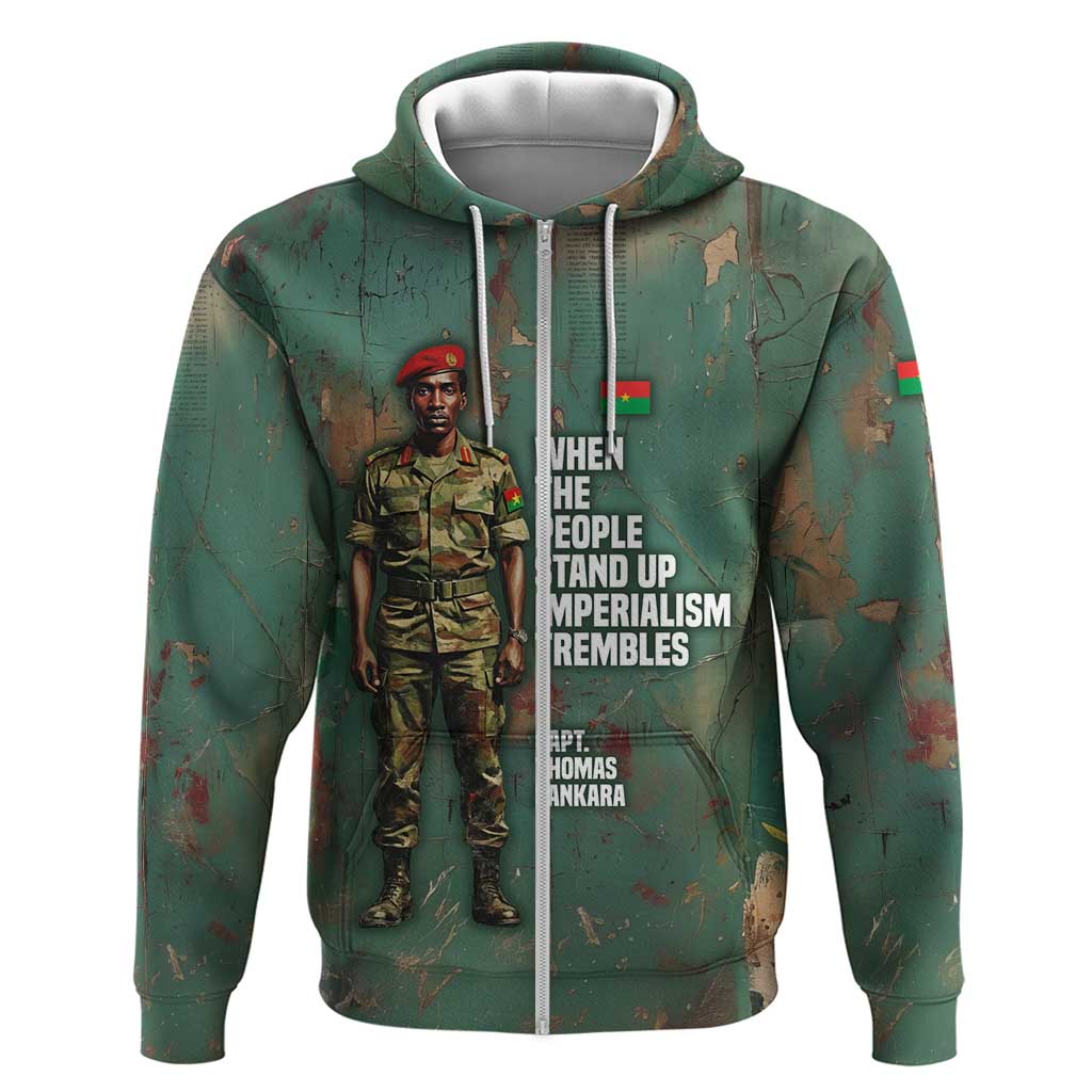 Burkina Faso Thomas Sankara Zip Hoodie with Military Stance and Anti-Imperialist Quote Tribute Design - African Pride