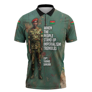 Burkina Faso Thomas Sankara Zipper Polo Shirt with Military Stance and Anti-Imperialist Quote Tribute Design - African Pride