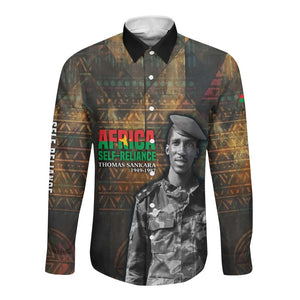 Thomas Sankara Long Sleeve Button Shirt Burkina Faso Africa Self-Reliance Message and Military Portrait - African Pride